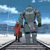 Pixelated image of a person in red coat holding brown bag standing beside large gray robot on platform under blue sky with clouds.