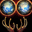 Pixelated icon with two large blue eyes on a brown frame, red text above white number four on black background.