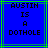 Blue background with green and cyan lines, displaying black pixelated text reading "AUSTIN IS A DOTHOLE" in four centered lines