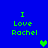 Blue background with green text reading "I Love Rachel" and pixelated heart symbols in green and teal.