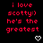 Red pixelated text on black background reads 'i love scotty:) he's the greatest' with white heart symbols below, two identical frames side-by-side.