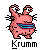Pixelated pink creature with blue striped belt, white eyes, and black spiky details in various poses.