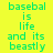 Yellow background with green text reading "basebal is life and its beastly" where purple bars highlight different words across frames.