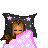 Pixel art of a girl with brown hair sleeping under pink star-patterned blanket on dark gray pillow, next to text reading "I'm so cute when I'm dreaming".