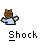 Pixel art of a brown monkey in a white shirt holding a brown object, with text labels and animation changes showing different poses and effects.
