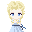 Pixel art character with blonde hair and blue eyes in two states: eyes open and eyes closed, wearing a blue dress with yellow accents.