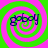 Four identical spiral patterns with alternating green and pink rings, each containing the text 'goboy' in dark blue script.