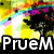 A pixelated image with a rainbow-colored background and a black silhouette of a character, overlaid with the text "PrueM" in white letters on a black bar.