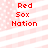 Red Sox Nation text in red pixelated font on a pink and white striped background with small square patterns.