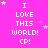 A bright pink background displays repeated white pixelated text "I LOVE THIS WORLD! CP!" with scattered white stars, arranged in a of four and three