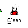 Animated contact sheet of a pixel art character in red shirt performing various actions with green stick-like objects against gray background, each frame labeled "Clean" below.