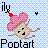 Pixelated icon with light purple checkered background, pink flower-shaped headpiece, and black text reading 'ily' above and 'Pootart' below.