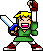 Pixel art character with blonde hair, green tunic, red boots, blue shoulder straps, holding a white sword and raised fist.