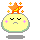 Pixelated yellow circular character with closed eyes, pink blush marks, and an orange star on its head; two versions show different expressions and a light bulb icon.