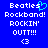 Blue background with white pixelated text reading "Beatles Rockband! ROCKIN' OUT!!! <3" and a cyan heart symbol replacing the 's' in "Beatles".