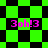Pixelated green and black checkered background with pink text '3oh!3' in four positions, transitioning between square and diamond patterns.