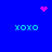 Blue background with four cyan 'XOXO' text blocks and three pink pixel clusters: one heart, one starburst, and one scattered dots.