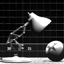 Black-and-white animation of a desk lamp and globe on a background, showing sequential movement of the lamp arm and globe rotation