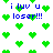 Pixelated green hearts float around blue text reading 'i luv u loser!!!' on a white background with animated heart movement.