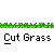 Pixelated character in black suit and white mask pushes red lawnmower across green grass, with text "Cut Grass" below.