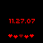 Red digital text and heart symbols on black background, with two identical frames showing sequential animation of heart positions.
