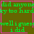 Green pixelated text on brown background with pink borders, showing four of identical phrases and two distinct symbols in the bottom-right corners