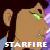 Pixelated image of a light brown cat with green eyes and purple background, featuring the text 'STARFIRE' at bottom.