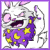 Pixelated character with white fur, pink cheeks, and purple robe adorned with yellow stars and crescent moons.