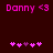 Pixelated pink text 'Danny <3' appears above five heart icons on a dark red background, with the hearts changing color between frames.