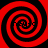 Four red and black spiral patterns arranged in a on a solid red background, each with distinct pixelated text fragments inside the spirals