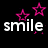 Pixelated icon with white text 'smile' on black background, two pink stars above text, and scattered pink pixels below.