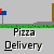 Pixel art animation of a red-shirted delivery person with white hair performing actions near mailboxes and pizza boxes under 'Pizza Delivery' text.