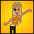 Pixelated character with long blonde hair and green eyes in a yellow background, wearing a strapless orange top and black pants, with arms in alternating poses.