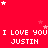 Red background with white pixelated text repeating "I LOVE YOU JUSTIN" in , scattered pink and white stars