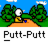 Animated contact sheet of a pixel art character performing actions in a cartoon landscape with repeated text labels.