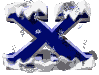 Blue X-shaped symbol with snow and ice accumulation on top, set against a light gray background.