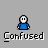 A 5x5 contact sheet of a pixelated blue character icon with 'Confused' text, showing sequential animation frames from full-body to head-only poses against a gray background.