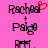 Pixelated text 'Rachael + Paige' on pink background with red heart symbol above first name in one view.
