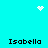 Cyan background with four 'Isabella' text blocks, a pixelated heart, and two white dot clusters in different positions.