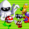 Pixel art scene with green striped background featuring multiple video game characters including a white ghost-like figure, red mushroom plant, and various creatures.