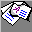 Pixelated icon with white, black, purple, and blue elements showing a document-like shape with blue lines and a purple symbol on a gray background.