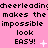 Pixelated text on pink background repeats 'cheerleading makes the impossible look EASY!' with animated sparkles and a cross symbol.