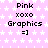 Pixelated pink background with white stars and repeated black text "Pink xoxo Graphics =]" in a pattern