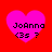 Four pink heart-shaped icons on a red background, each containing text 'JoAnna' and '(3s ?)' in black pixelated font.