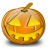 Pixelated pumpkin icon with carved face, orange and yellow tones, brown stem, white background.