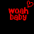 Red pixelated text 'woah baby' on black background with a red heart symbol above the text in the left view.