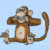 Animated pixel art of a brown monkey with white belly and face, sitting on light blue background holding bananas to its mouth.