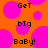 Orange background with pink circles and black text reading "Get big BoBy!" in pixelated font.