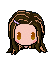 Pixel art avatar with brown hair and purple hair clip showing four facial expressions: open eyes, closed eyes, squinted eyes, and smiling eyes.