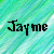 Pixelated text 'Jayme' in black font on a green and blue pixelated background with diagonal gradient.